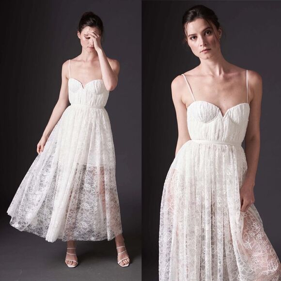 Sau Lee Selena Lace Sweetheart Midi Dress in White Bridal Wedding 0 - Picture 3 of 14